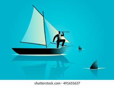 Concept illustration of a businessman on a sailing boat with sharks around him. Risk in business and business challenge concept