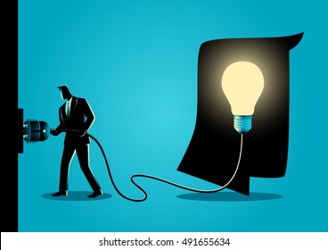 Concept illustration of a businessman puts plug in the socket to light up the brain