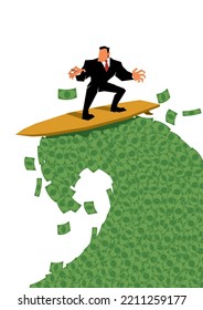 Concept illustration with businessman surfing on money wave.