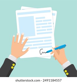 concept illustration of a businessman's hand signing a document,flat style vector illustration.