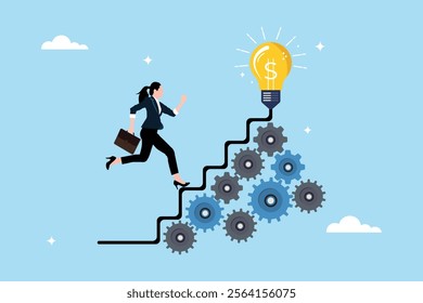 A concept illustration of a businesswoman climbing the stairs of a cogwheel gear system.The concept of efficiency or productivity, Development of best practices, Success or improvement strategy.