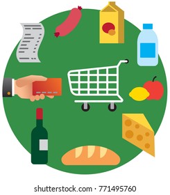 concept illustration of buying food grocery in supermarket by credit card