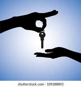 Concept illustration of buying and selling house in real estate market. The hand holding the key chain is the seller or the owner and the arm receiving the house key is the buyer or purchaser.