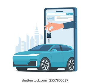Concept illustration of car rental or car purchase selection service. Car, smartphone and hand with keys. Vector illustration.