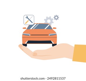 Ilustración de concepto de servicio de reparación de coches. Una mano sostiene un auto con herramientas y repuestos. Ilustración vectorial.