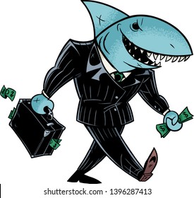 Concept illustration with cartoon business shark holding briefcase.