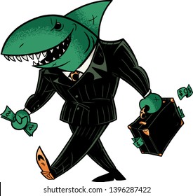 Concept illustration with cartoon business shark holding briefcase.