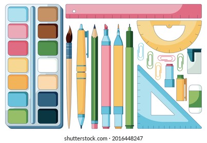 Concept illustration of a cartoon school supplies, set of brushes, markers, pen, pencils and other stuff. Vector illustration isolated on a white background. Vector illustration