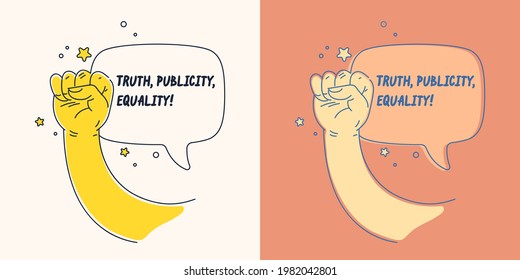 A concept illustration with cartoon style speech bubble. Vector illustration in a cartoon style. Hand clenched into a fist. A hand gesture.