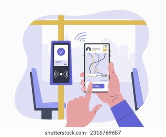 Ilustración conceptual del pago sin efectivo de billetes en el transporte público usando un smartphone. Ilustración vectorial.