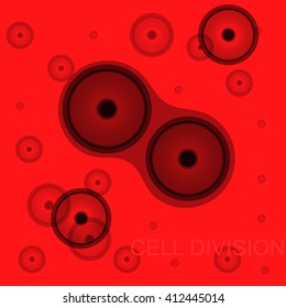 Concept Illustration Cell Division Under Microscope, Red Background, Blood.