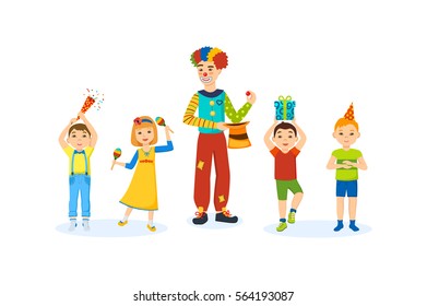 Concept of illustration - children party indoor. Small happy kids, play, have fun with a clown animator, firecrackers explode, give gifts. Cartoon vector illustration isolated on white background.