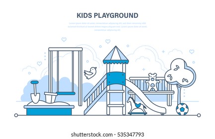 Concept illustration - children's entertainment playground, with a slide, benches, a sandbox, a swing and a recreation park. Illustration thin line design of vector doodles, infographics elements.