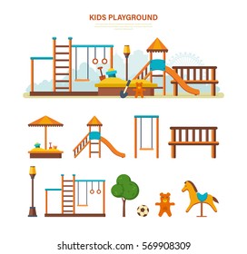 Concept illustration - children's entertainment playground, with a slide, benches, a sandbox, a swing and a recreation park, toys. Place children games. Vector illustration.