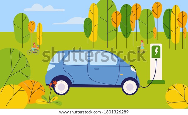 Concept illustration for clean\
air. Electric car charging outside at electric recharging\
point.