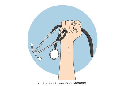 concept illustration. close up illustration of a doctor's hand holding a stethoscope up.
Concept of medicine, first aid, medical education, apprenticeship.