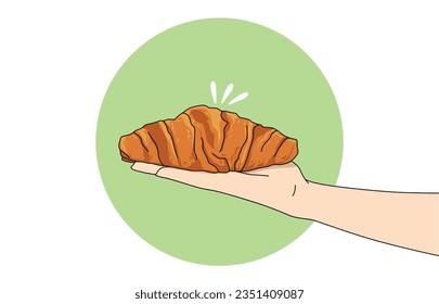 ilustración de concepto. ilustración de una mano con un delicioso cruasán dorado para servir