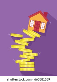 Ilustração do Conceito de uma Pilha de Moedas com a Casa em colapso. Colapso de Imóveis