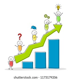 Concept illustration with column graph, cartoon stickman and business icons. Vector.