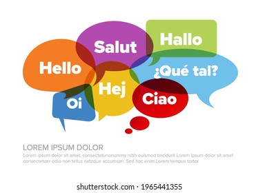 Concept illustration with comic book speech bubbles and greetings in different world languages. Image for promoting national languages in language school or translators services.