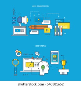 Concept of illustration - communications and technology, modern education and learning, research, tutorial. Vector design for website, banner, printed materials and mobile app.