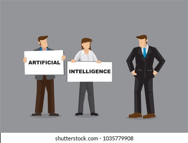 Concept illustration of a company staffs showing the boss the future direction of the company with Artificial intelligence on white board cards. Portray a concept of innovative future.