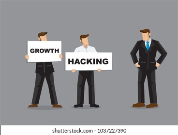 Concept illustration of a company staffs showing the boss the future direction of the company with Growth Hacking on white board cards. Portray a concept of innovative future.