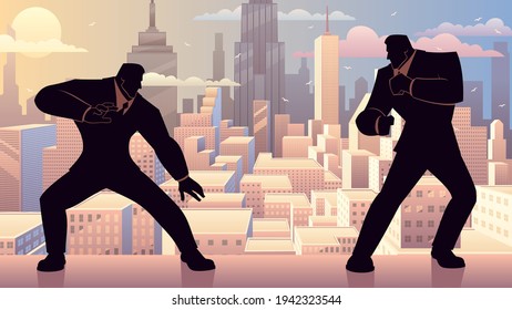 Concept illustration for competition in business, depicting two businessmen fighting like video game characters.