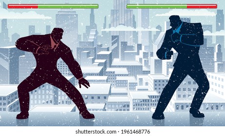 Concept illustration for competition in business, depicting two businessmen fighting like video game characters.