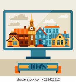 Concept illustration with computer and city panorama.