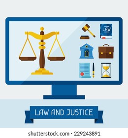 Concept illustration with computer and law icons.