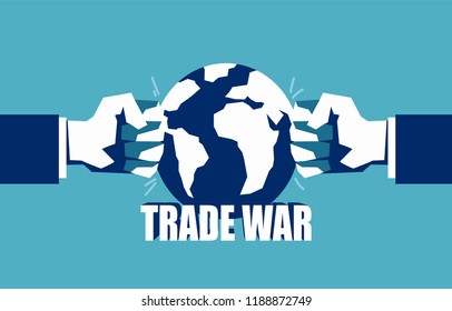 Concept illustration of confronting forces striking planet with hands in trade war on blue background