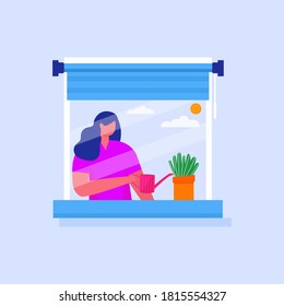 Concept illustration of coworking space. Woman plant the flowers at home. Self isolation, quarantine due to coronavirus prevention. Stay at home for precaution covid. Vector