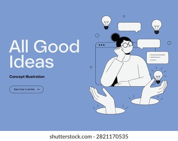 Concept illustration of creative brainstorming process with woman and floating light bulbs creative brainstorming innovation lightbulb