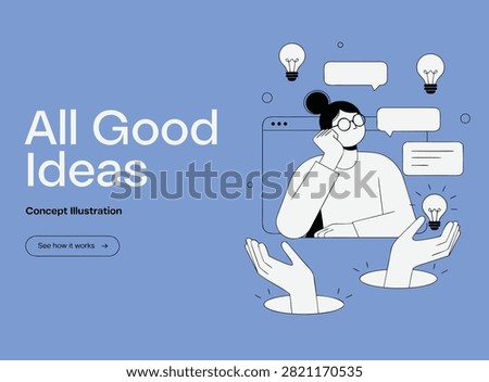 Concept illustration of creative brainstorming process with woman and floating light bulbs creative brainstorming innovation lightbulb