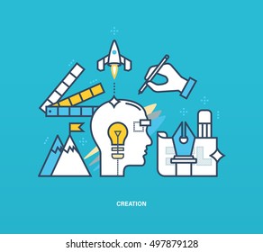 Concept of illustration - creativity and creation, the process of thinking, inspiration and tools to implement ideas. Vector design for website, banner, printed materials and mobile app.