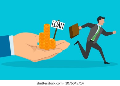 Concept illustration of crop banker giving loan to businessman unwilling to take it. Running from avoiding credit loans. Eps vector illustration, horizontal image, flat style graphic design.