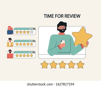 Concept illustration of customer feedback, reviews and support. A man with phone in his hands, holding star and leaving an online review of the company's rating. Flat vector illustration.