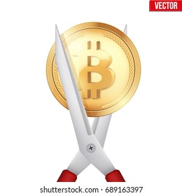 Concept Illustration of Cutting bitcoins with scissors. Cryptocurrency divided into Bitcoin and Bitcoin Cash. Vector Illustration isolated on white background.