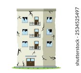 concept illustration of a damaged building, damaged hotel or apartment, flat style vector illustration.