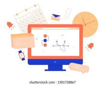 Concept illustration. Deadline, project execution, effective work. Desktop designer, programmer, manager. Set of objects: monitor, calendar, notification bell, smart watch, envelope, browser.