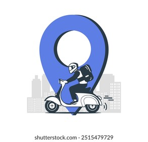 Concept illustration of a delivery service. Motorbike with courier and navigation marker with a city in the background. Vector illustration.