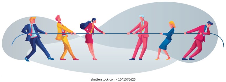 Concept illustration depicting business people playing tug of war over white background. 