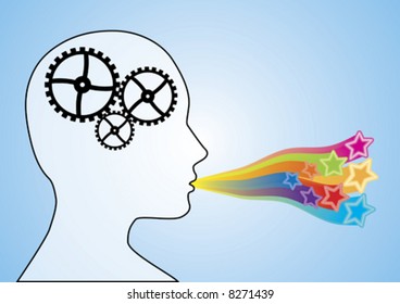 Concept illustration depicting cogs working in the brain with the mouth speaking creatively.