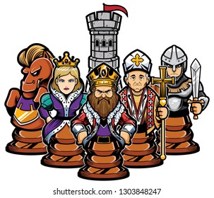 Concept illustration depicting strong and united team of cartoon chess piece characters, including pawn, rook, knight, bishop, queen and king at the front.
