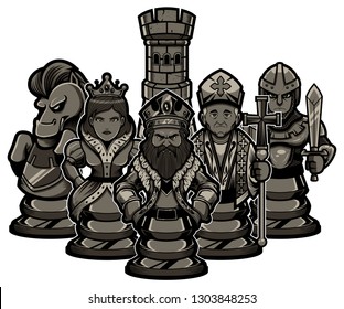 Concept illustration depicting strong and united team of cartoon chess piece characters, including pawn, rook, knight, bishop, queen and king at the front.