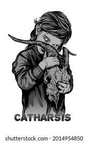 Concept illustration of devil's artwork and beautiful woman holding goat's skull