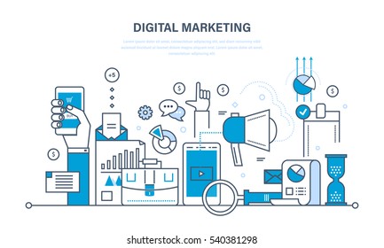 Concept illustration - digital marketing, media planning, online business and purchasing, financial analysis and statistics. Illustration thin line design of vector doodles, infographics elements.