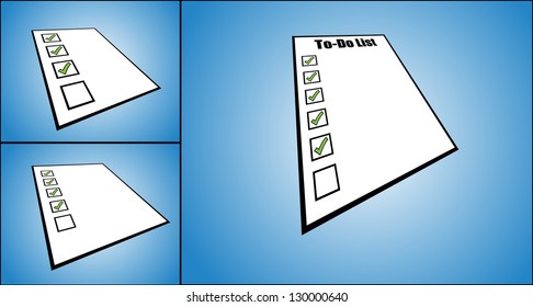 Concept Illustration of to do list or task list - perspective view of a while paper with different tick boxes ticked (3 different views)