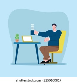 the concept of illustration doing work with a laptop and drinking coffee